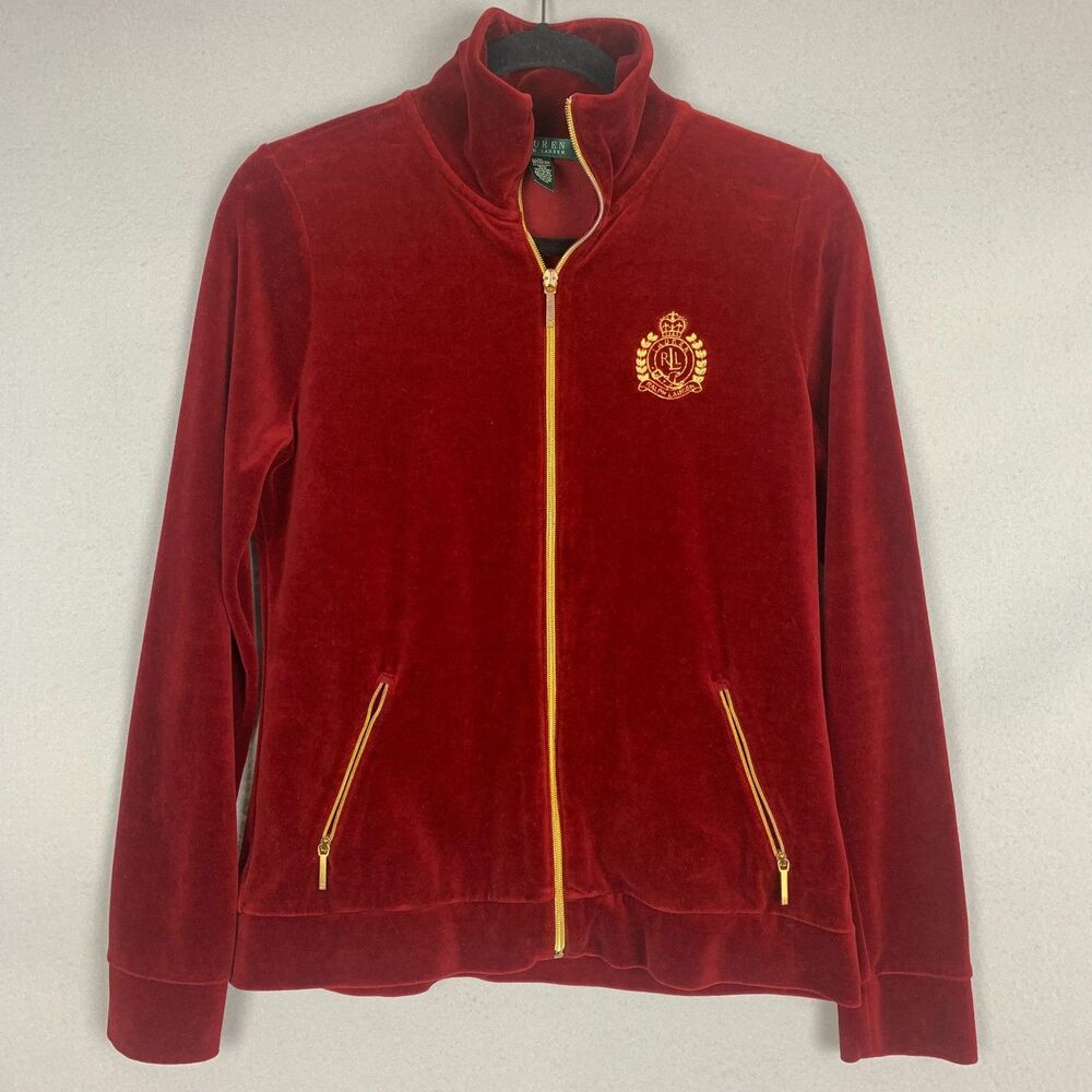 Lauren Ralph Lauren Women’s Medium Velvet Crest Zip Jacket Rich Red Glam Street